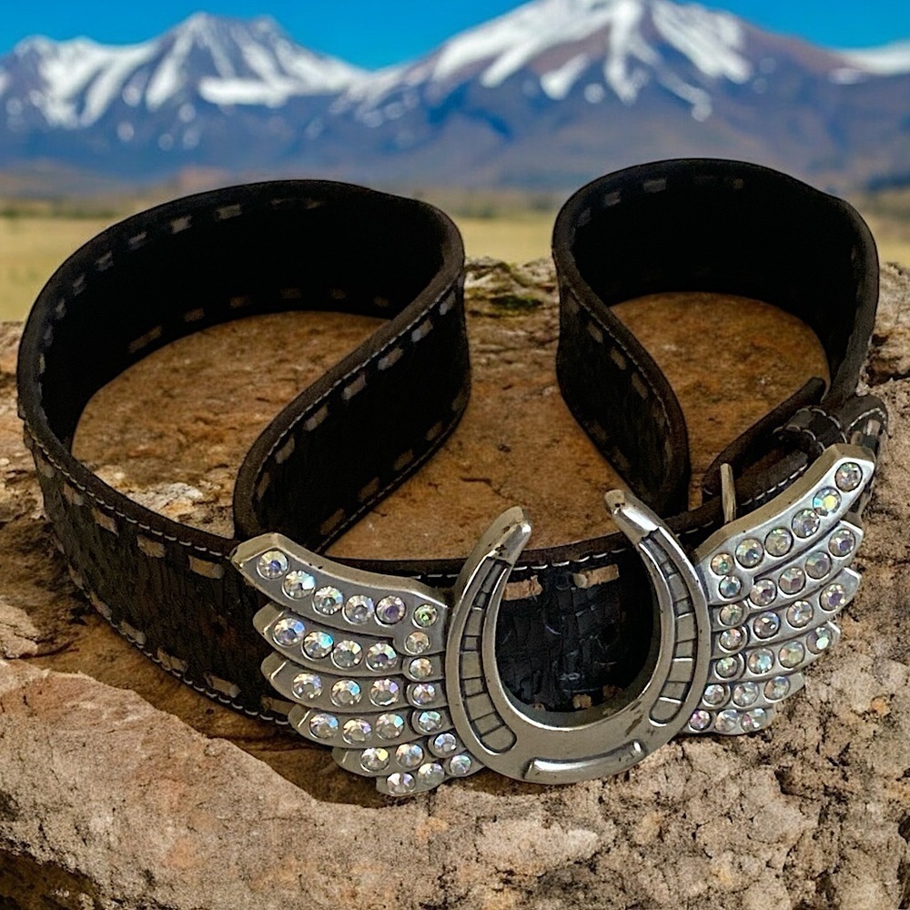 Vintage Etched Leather Rhinestone Horseshoe Black Belt w/Detachable Hardware XL - Picture 6 of 10